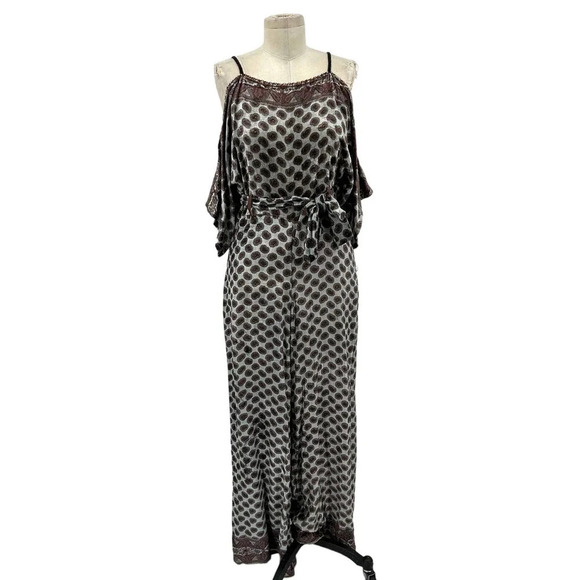 Anthropologie Bl-nk London Jumpsuit Paisley Velvet Cold Shoulder Gray Size Small - Picture 1 of 11